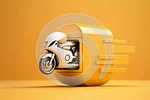 speedy delivery concept on a yellow background. Motorcycle and box AI Generation