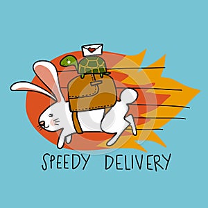 Speedy Delivery rabbit and turtle postman fast running cartoon illustration