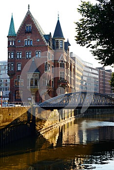 Speicherstadt, historical center of Hamburg at sunset