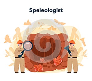 Speleologist concept. Scientst exploring deep cave with