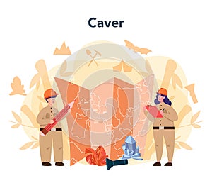 Speleologist concept. Scientst exploring deep cave with