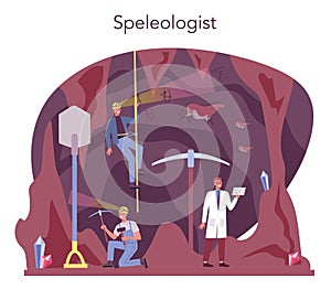 Speleologist concept. Scientst exploring deep cave with special