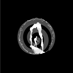 Speleologist figure in cave silhouette logo template, caveman icon, extreme sport challenge, speleologist label, risk