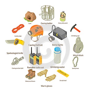 Speleologist icons set, isometric style