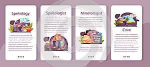 Speleologist mobile application banner set. Scientst exploring deep