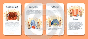 Speleologist mobile application banner set. Scientst studying caves