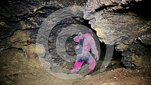 Speleologist take interview about karst cave