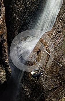 Speleologist And Underground Waterfall