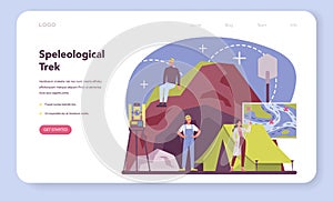 Speleologist web banner or landing page. Scientst exploring