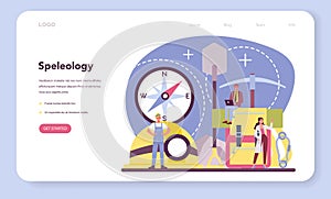 Speleologist web banner or landing page. Scientst exploring