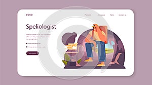 Speleologist web banner or landing page. Scientst exploring deep