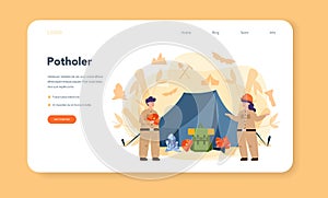 Speleologist web banner or landing page. Scientst studying caves