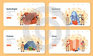 Speleologist web banner or landing page set. Scientst studying caves