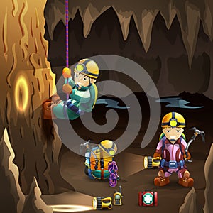 Speleologists in cave 3d background poster