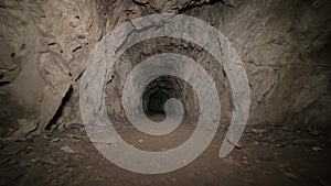 Speleology artificial cave dark tunnel excavation underground. Old adit for the extraction of metal and rocks