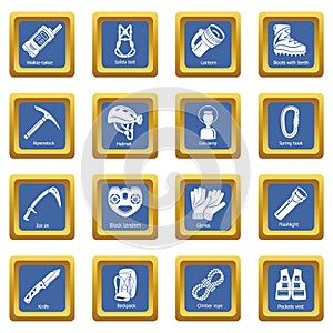 Speleology equipment icons set blue square