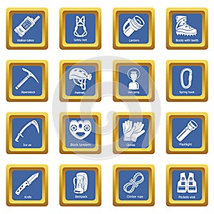 Speleology equipment icons set blue square vector