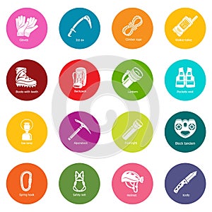 Speleology equipment icons set colorful circles vector