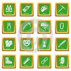 Speleology equipment icons set green square vector