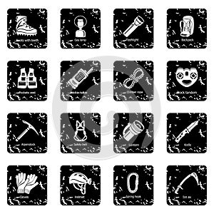 Speleology equipment icons set grunge vector