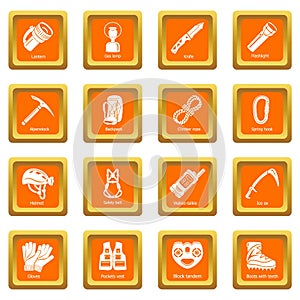 Speleology equipment icons set orange square vector photo