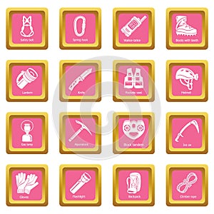 Speleology equipment icons set pink square vector