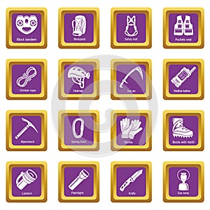 Speleology equipment icons set purple square vector photo