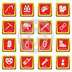 Speleology equipment icons set red square vector