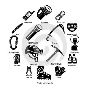 Speleology equipment icons set, simple style