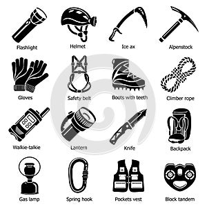 Speleology equipment icons set, simple style photo