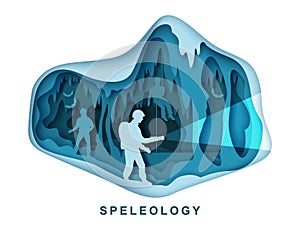 Speleology. Spelunker and bat silhouettes in underground cave, vector paper cut illustration. Science, sport tourism.