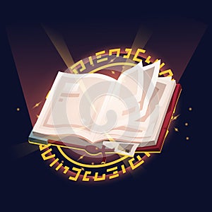 Spell book cast. Magic witchcraft open spell book with torn pages game icon for menu GUI, fantasy colorful grimoire with sparkling