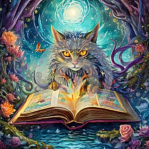 Spell book with a cat on a magic background