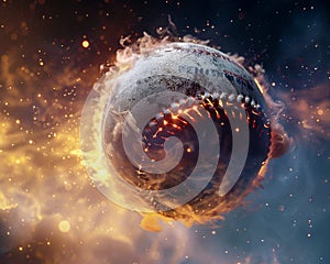 Spellbound baseball transcending space, glowing core, close rear view, magical night, intense focus , professional color grading