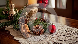 Spellbound cinnamon and clove garland gently levitating over a lace