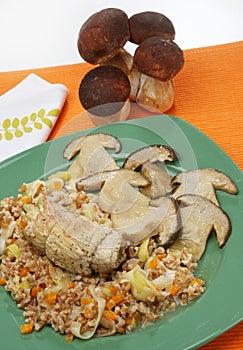 Spelled with meat and mushrooms photo