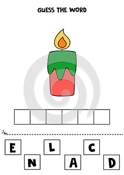 Spelling game for kids. Cartoon candle for Christmas.