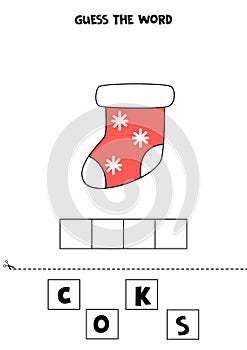 Spelling game for kids. Cartoon Christmas sock.