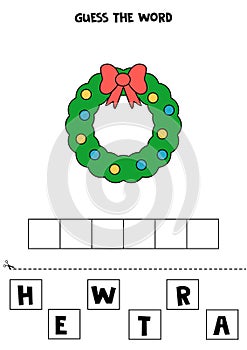 Spelling game for kids. Cartoon Christmas wreath.