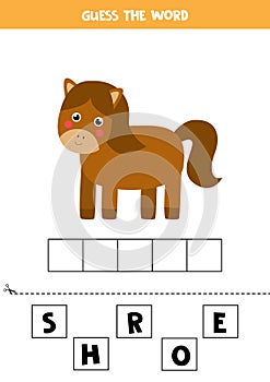 Spelling game for kids. Cartoon farm horse.