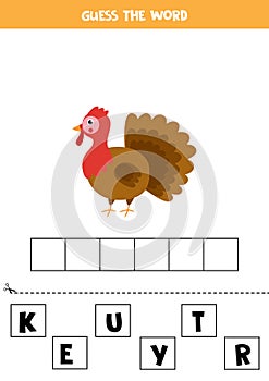 Spelling game for kids. Cute cartoon turkey.