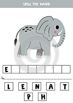 Spelling game for preschool kids. Cute cartoon elephant.