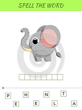 Spelling word scramble game template. Educational activity for preschool years kids and toddlers with cute elephant. Flat vector
