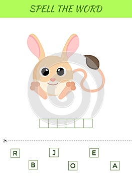 Spelling word scramble game template. Educational activity for preschool years kids and toddlers with cute jerboa. Flat vector