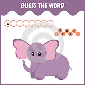 Spelling word scramble game template. Educational game for preschool years kids with elephant.