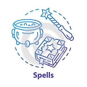 Spells concept icon. Witchcraft and wizardry idea thin line illustration. Wizard, magician equipment, mystic accessories photo