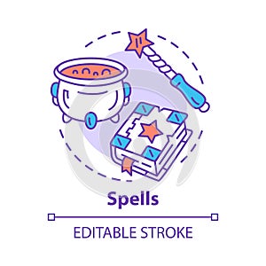 Spells concept icon. Witchcraft and wizardry idea thin line illustration. Wizard, magician equipment. Witch cauldron photo