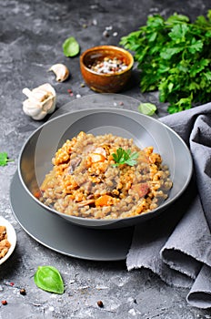 Spelt Pumpkin Mushroom Risotto on Grey Background, Vegetarian Meal