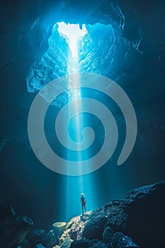 Spelunker in awe of natural light filtering into a majestic cavern from above.