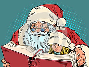 Spending Christmas with loved ones. Santa Claus is reading a book to a little girl. Seasonal sales for bookstores and